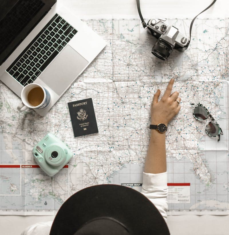 World map with travel itinerary pins