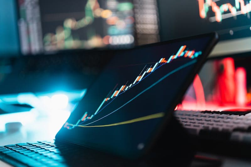 Person analyzing financial data on laptop with notebook