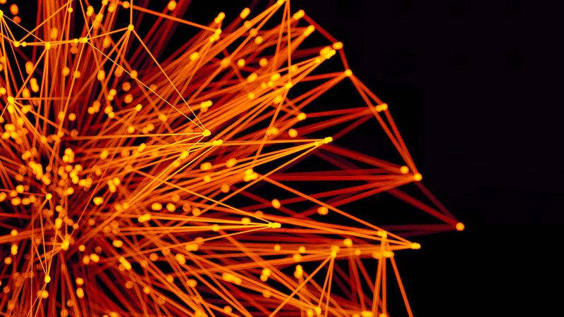 Vibrant orange lines and dots form an abstract network on a dark background, evoking technology and...