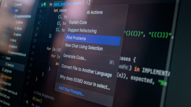 Detailed view of a computer screen displaying code with a menu of AI actions, illustrating modern software...