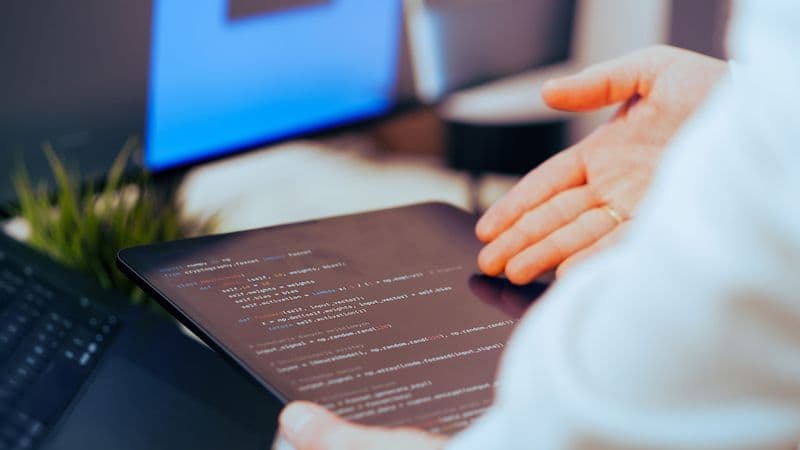 Software developer analyzing code on a tablet in a modern office workspace