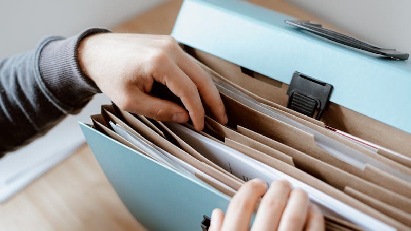 Documents and files organized on a workspace ready for merging