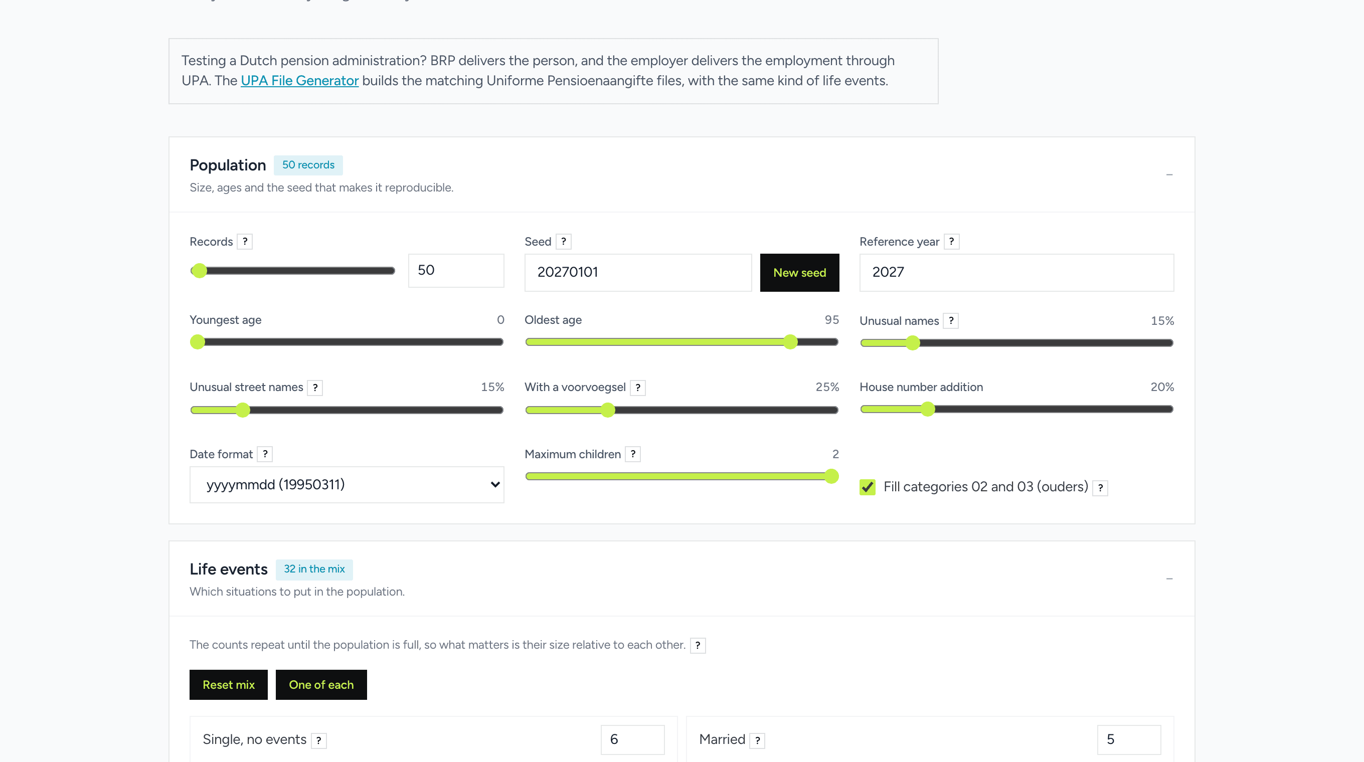 The BRP Test Data Generator page with sliders for record count, seed, age range, unusual names, tussenvoegsels and house number additions
