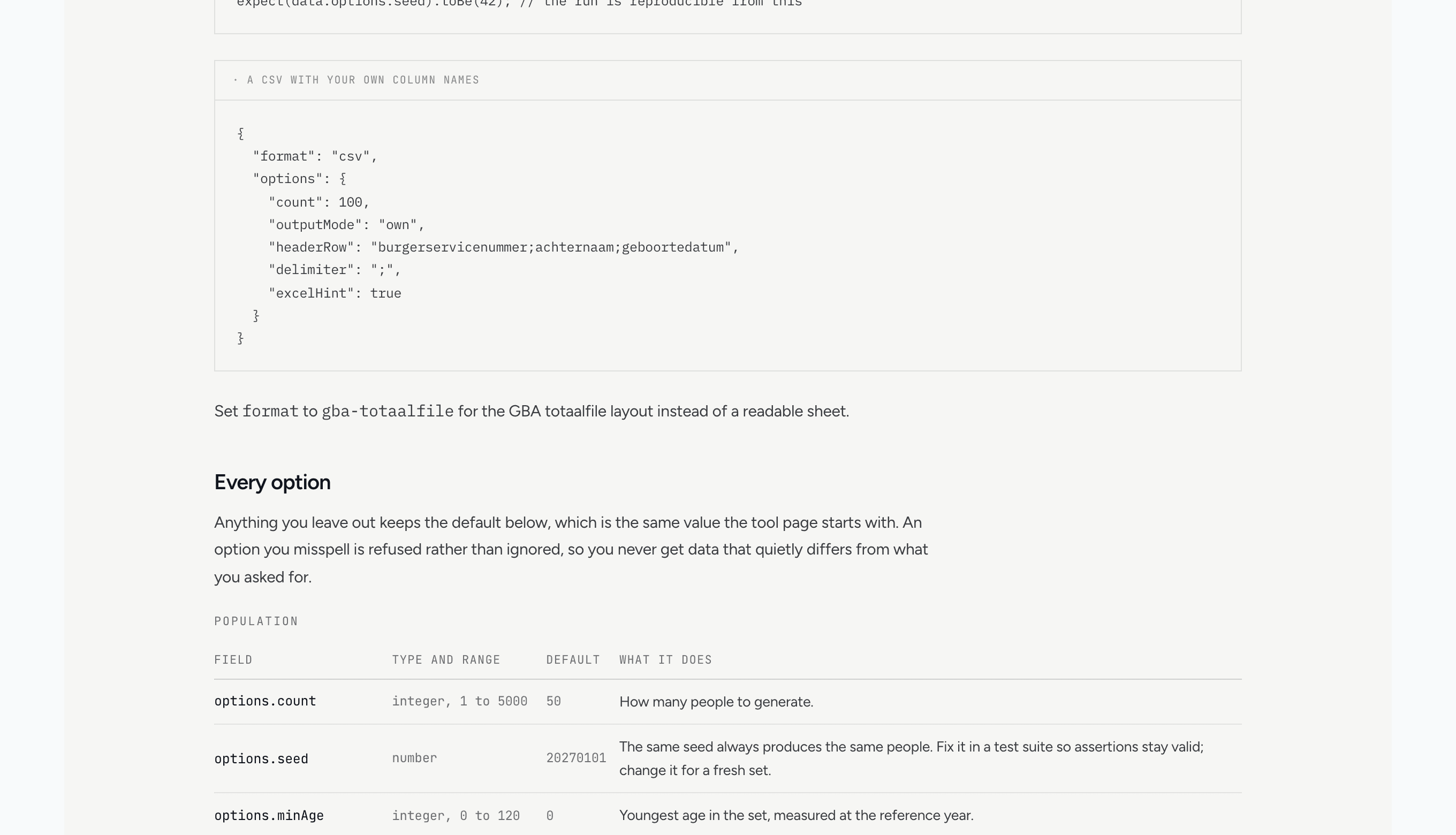 The generator reference page showing a table of every option with its type, range, default and description
