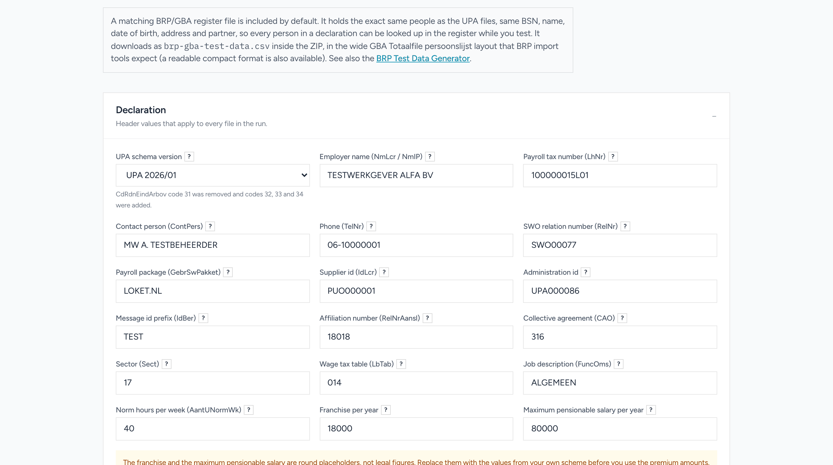 The UPA File Generator page showing declaration settings, scheme rows and period configuration
